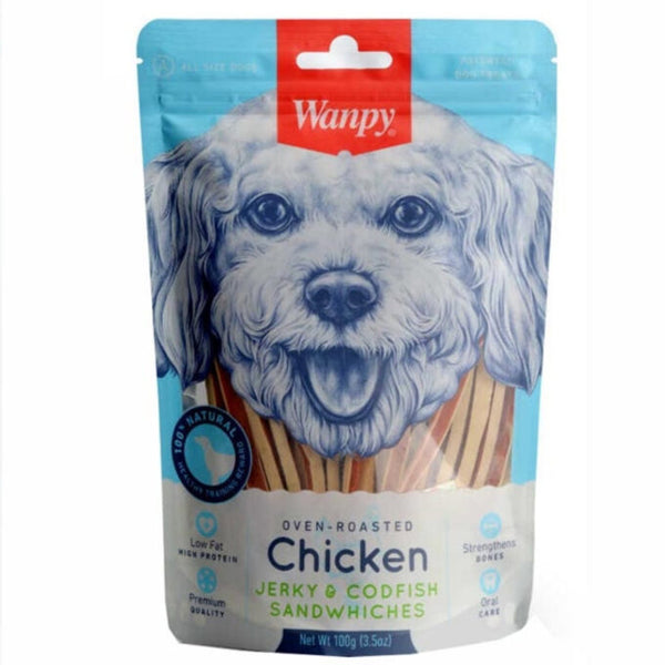 Wanpy CHICKEN JERKY & CODFISH SANDWICHES 100GR