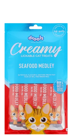 Drools Creamy Lickable Cat Treats Seafood Medley Flavor (Buy 4 Get 1 Free) 5 x 15 gr