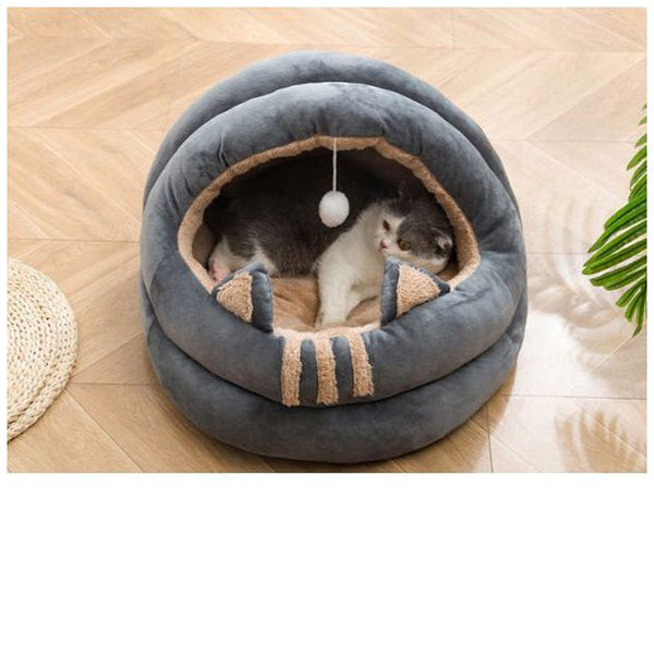 PETS CLUB CAT BED MODERN HOUSE WITH PLUSH TOY AND SOFT COTTON - SMALL -35 CM -GREY